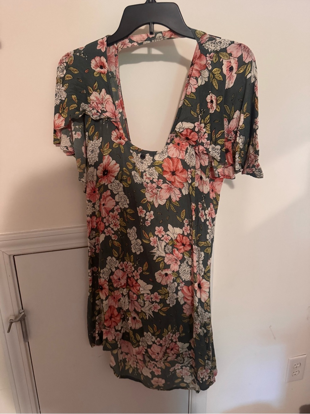 Billabong Olive Green Floral Scoop-Neck Mini Dress with Pink Blooms